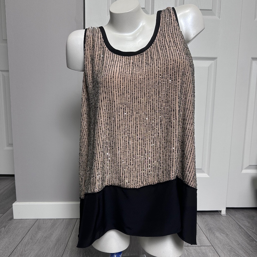 NWT EILEEN FISHER Black and Gold Women's Tank w/Hand Sewn Front Beading W size L